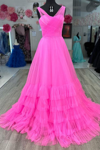 Mariam | Vestido de fiesta de tul con capas y escote en V ilusión de línea A