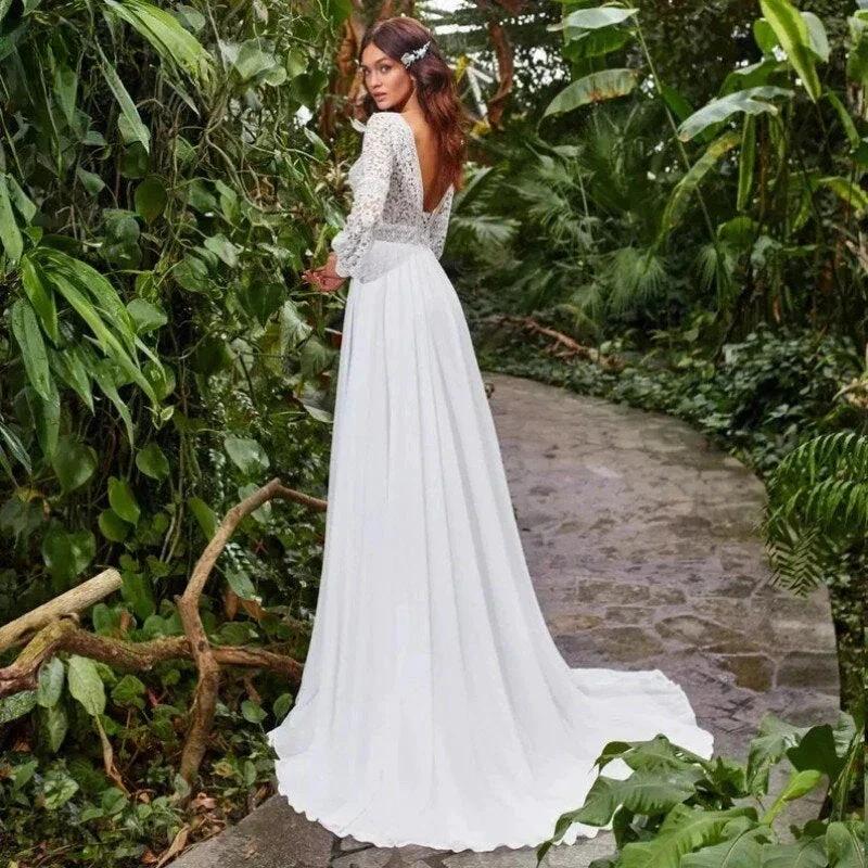 Bohemian Sweetheart Wedding Dresses A-Line Long Sleeve White Lace Applique Chiffon Backless Bridal Gown Train Vestidos De Novia by payinti
