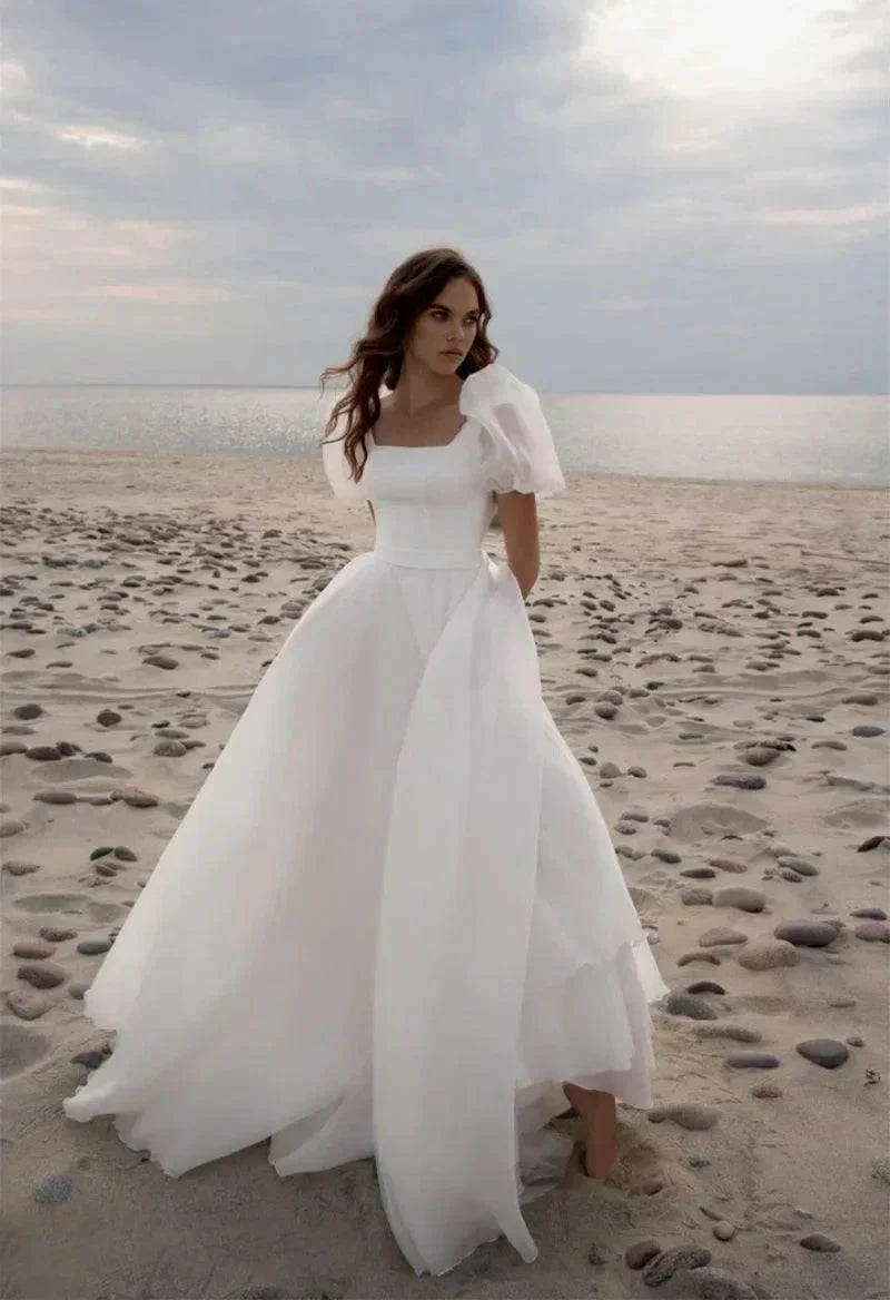Wedding Dresses Charming A-Line Square Neck Short Sleeves with Train by Aabei Dress