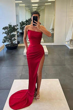 Long Mermaid Strapless Sleeveless Satin Prom Dress with Slit by BIZTUNNEL