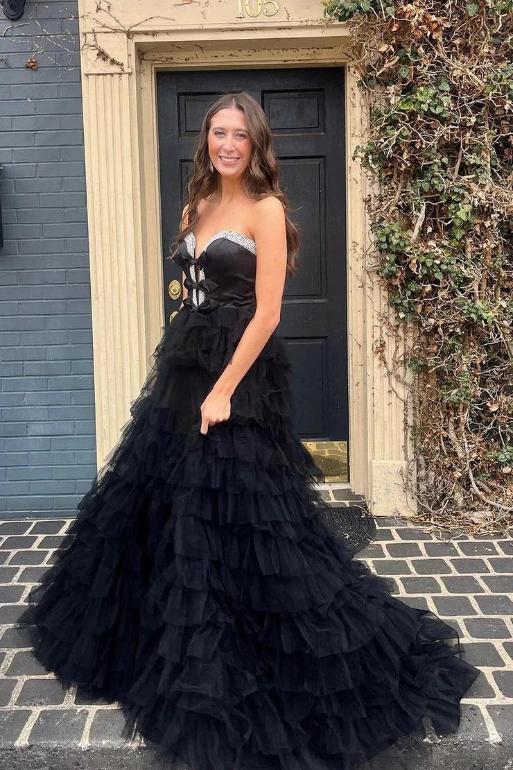 Peggy | Black Strapless Bow Ruffle Long Prom Dress with Slit by KissProm