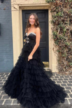 Peggy | Black Strapless Bow Ruffle Long Prom Dress with Slit by KissProm