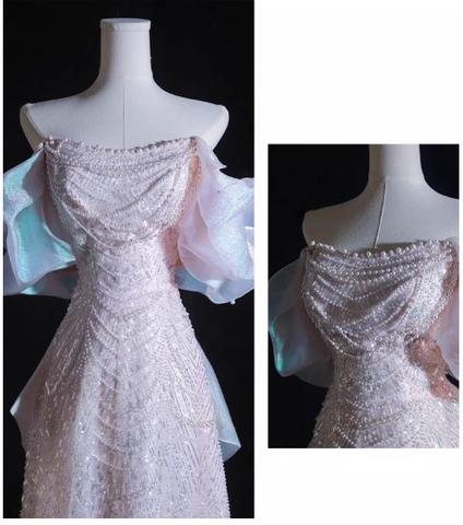 Pink A-Line Off-Shoulder Tulle Sequins Beaded Long Prom Dress Formal Evening Dress Y8050