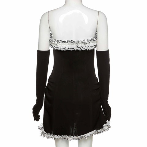 Black Party Tube Skirt Irregular White Ruffle Bandage Dress Black Homecoming Dress Y2617
