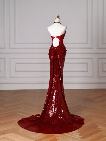 Vestido de noche sexy con lentejuelas burdeos, cuello halter en V, espalda descubierta, corte sirena, Y8628