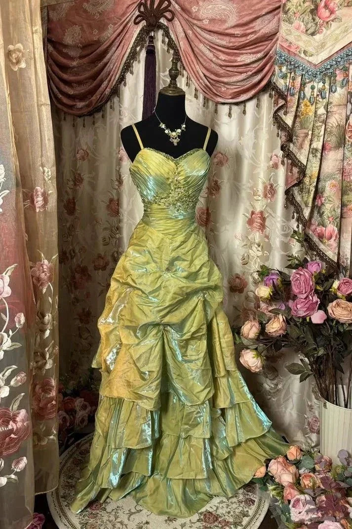 Vintage Sage Green A-Line Spaghetti Strap Satin Long Prom Dress Beaded Evening Dress Y8517 by simplepromdress