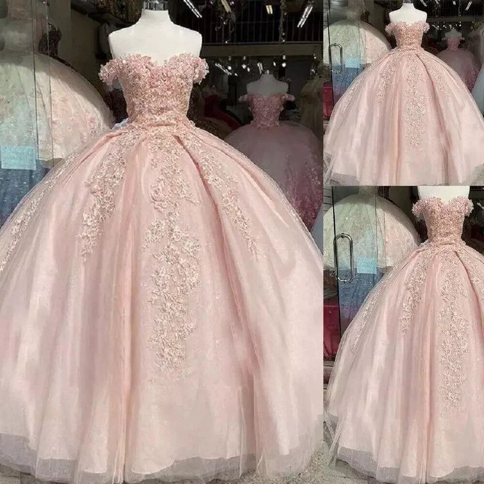 Off The Shoulder Pink Quinceanera Dresses Lace Applique Sweet 16 Dress Ball Gown Y395 by simplepromdress