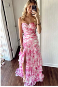 Pretty Strapless Chiffon Print Floral Layered Evening Dress Slit Prom Dress Y7881 by simplepromdress