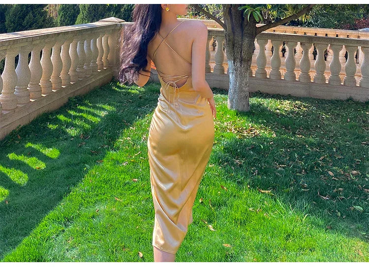 Sexy Halter V Neck Party Dress Champagne Gold Prom Evening Dress Y8211 by simplepromdress