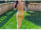 Sexy Halter V Neck Party Dress Champagne Gold Prom Evening Dress Y8211 by simplepromdress