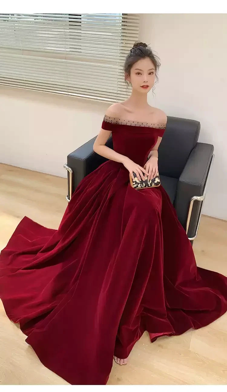 Burgundy Velvet Long Prom Dresses, A-Line Evening Dresses Y1173 by simplepromdress