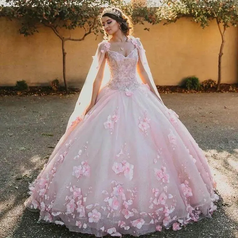 Vestido rosa de quinceañera, vestido de fiesta rosa con flores 3D, vestido de princesa rosa Y2337