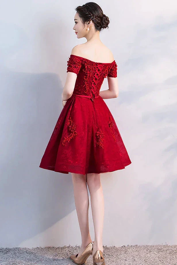 Burgundy tulle lace short homecoming dress Y256 by simplepromdress