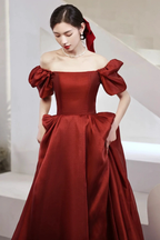 Burgundy Satin Long Prom Dresses A-Line Short Sleeve Evening Dresses Y1170 by simplepromdress