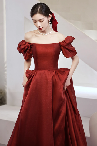 Burgundy Satin Long Prom Dresses A-Line Short Sleeve Evening Dresses Y1170