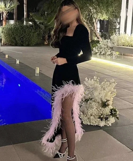 Chic Black Long Sleeves Evening Dress With Feathers Y6724 by simplepromdress