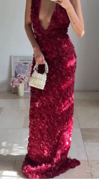 Gorgeous Deep V Burgundy Rose Flowers Sheath Long Prom Dress Evening Dress Y8504 by simplepromdress