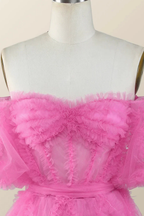 Off the Shoulder Hot Pink Ruffles Short A-line Homecoming Dress Y2783 by simplepromdress