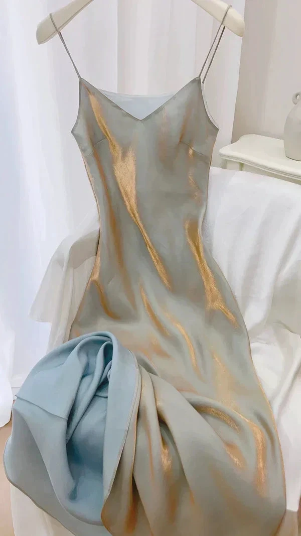 Unique Spaghetti Straps V Neck Satin A Line Prom Evening Dress Y8061 by simplepromdress