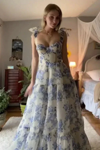A-line Blue Floral Print Long Prom Dress Blue Evening Dress Y2560 by simplepromdress