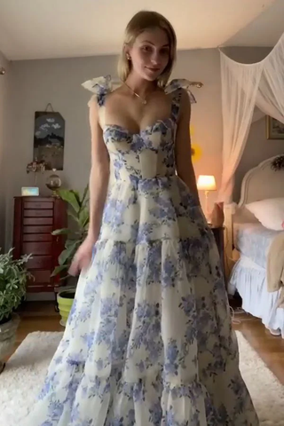 A-line Blue Floral Print Long Prom Dress Blue Evening Dress Y2560