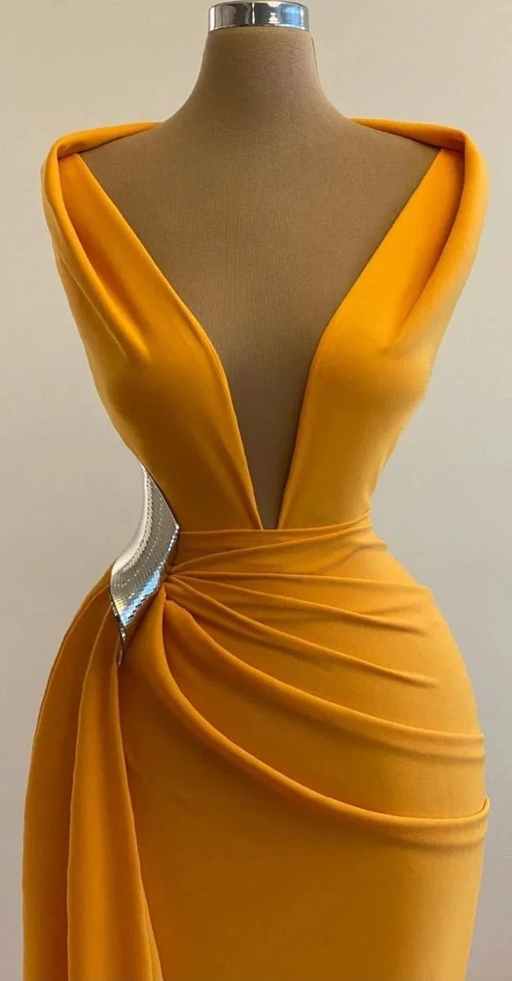 Yellow Mermaid Prom Dresses Deep V Neck Sexy Evening Dress Cocktail Party Sweep Train Formal Occasion Wear Y4931 by simplepromdress