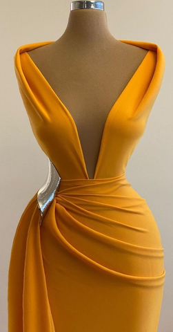 Yellow Mermaid Prom Dresses Deep V Neck Sexy Evening Dress Cocktail Party Sweep Train Formal Occasion Wear Y4931