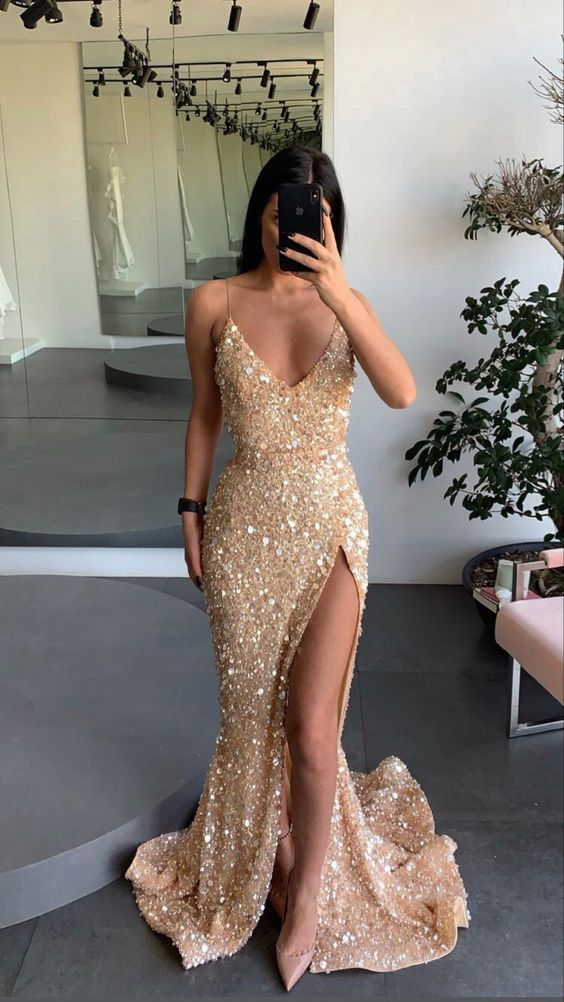 Gold engagement dress spaghetti straps prom dress leg split sequins evening dress Y71 Hover Image