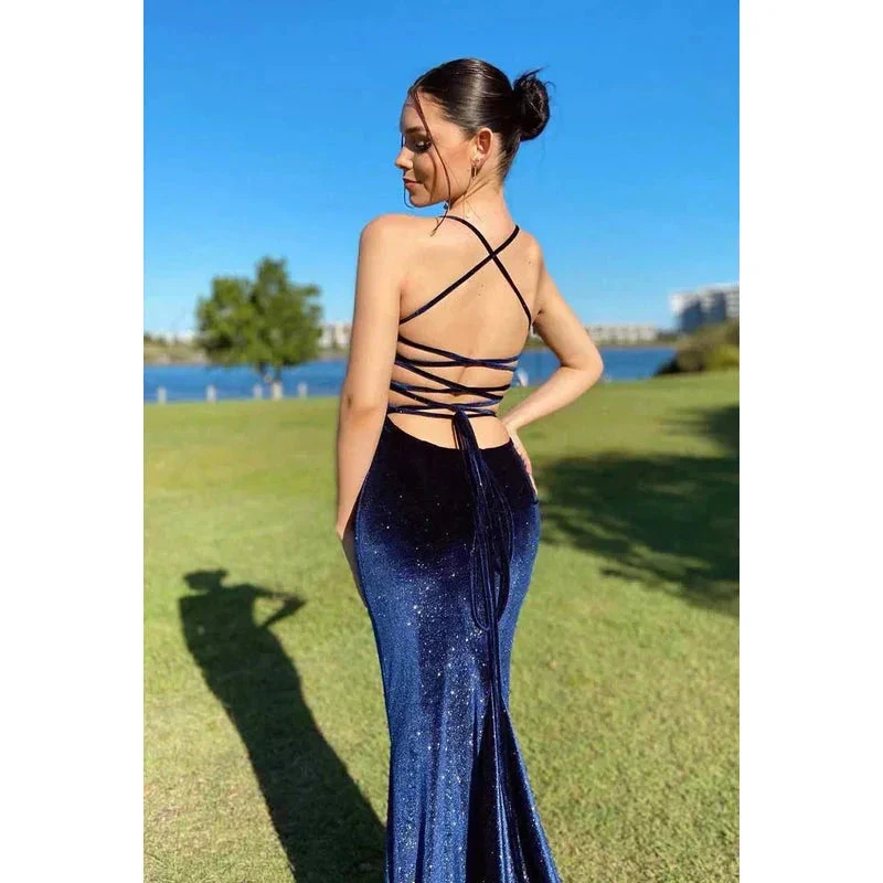 Vintage Spaghetti Straps Navy Blue Velvet Long Mermaid Prom Dress Evening Dress Y7829 by simplepromdress