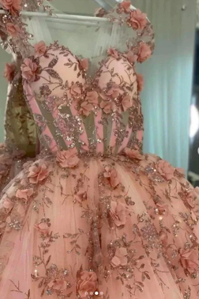 Blush Pink Flowers Applique Ball Gown,A Line Tulle Prom Dresses,Quinceanera Dresses Y388 by simplepromdress