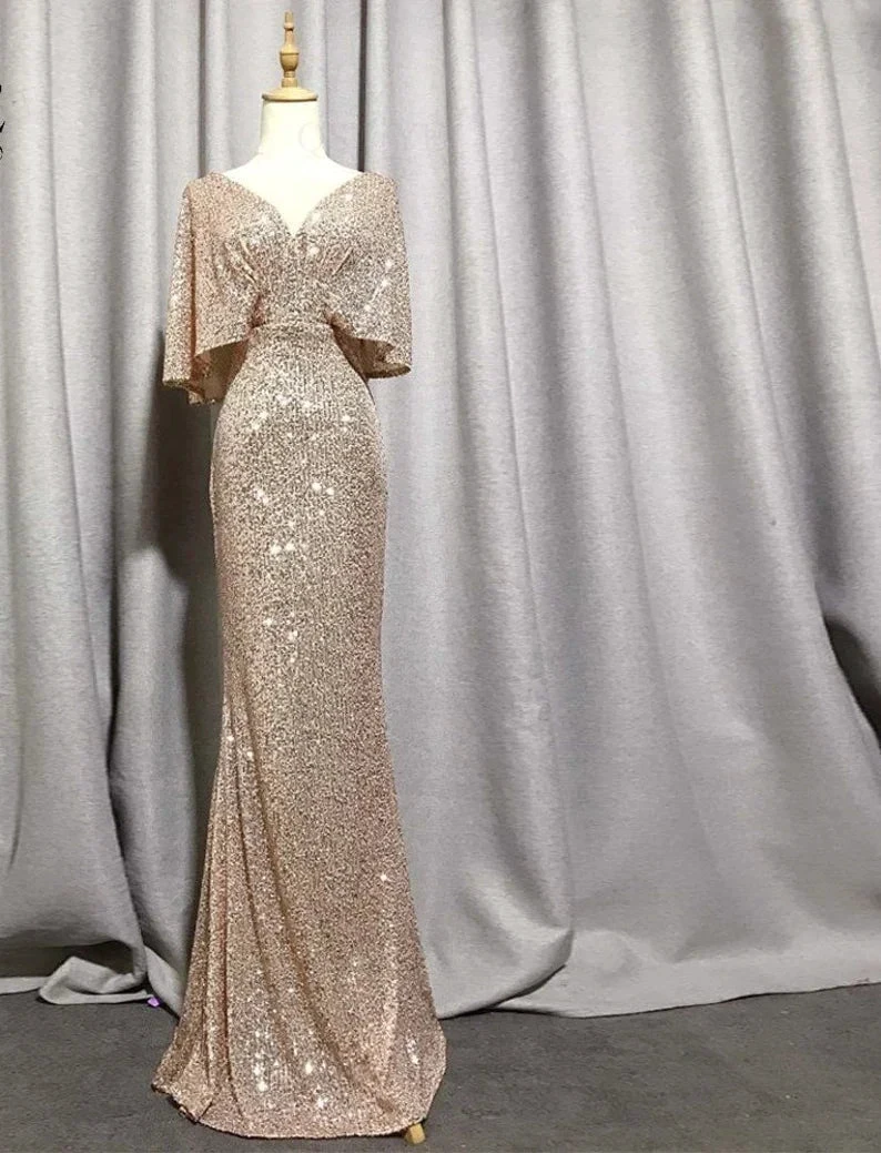 Mermaid Short Sleeves Sexy V Neck Evening Dress, Elegant Glitter Bat Sleeves Formal Party Dress Y1390 by simplepromdress