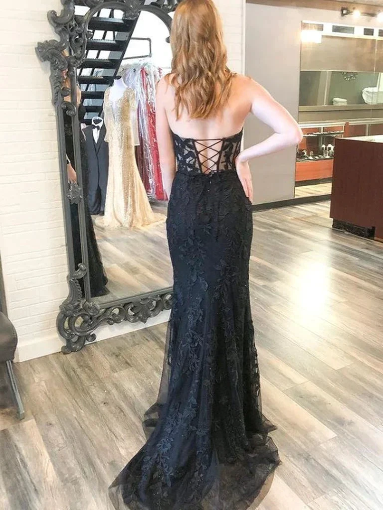 Mermaid Open Back Black Lace Long Prom Dresses, Strapless Black Formal Dresses, Black Lace Evening Dresses Y1794 by simplepromdress