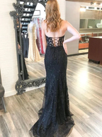 Mermaid Open Back Black Lace Long Prom Dresses, Strapless Black Formal Dresses, Black Lace Evening Dresses Y1794 by simplepromdress