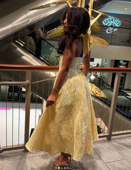 Sexy Halter Deep V Evening Dress Yellow Satin Print Prom Dress Y8249 by simplepromdress