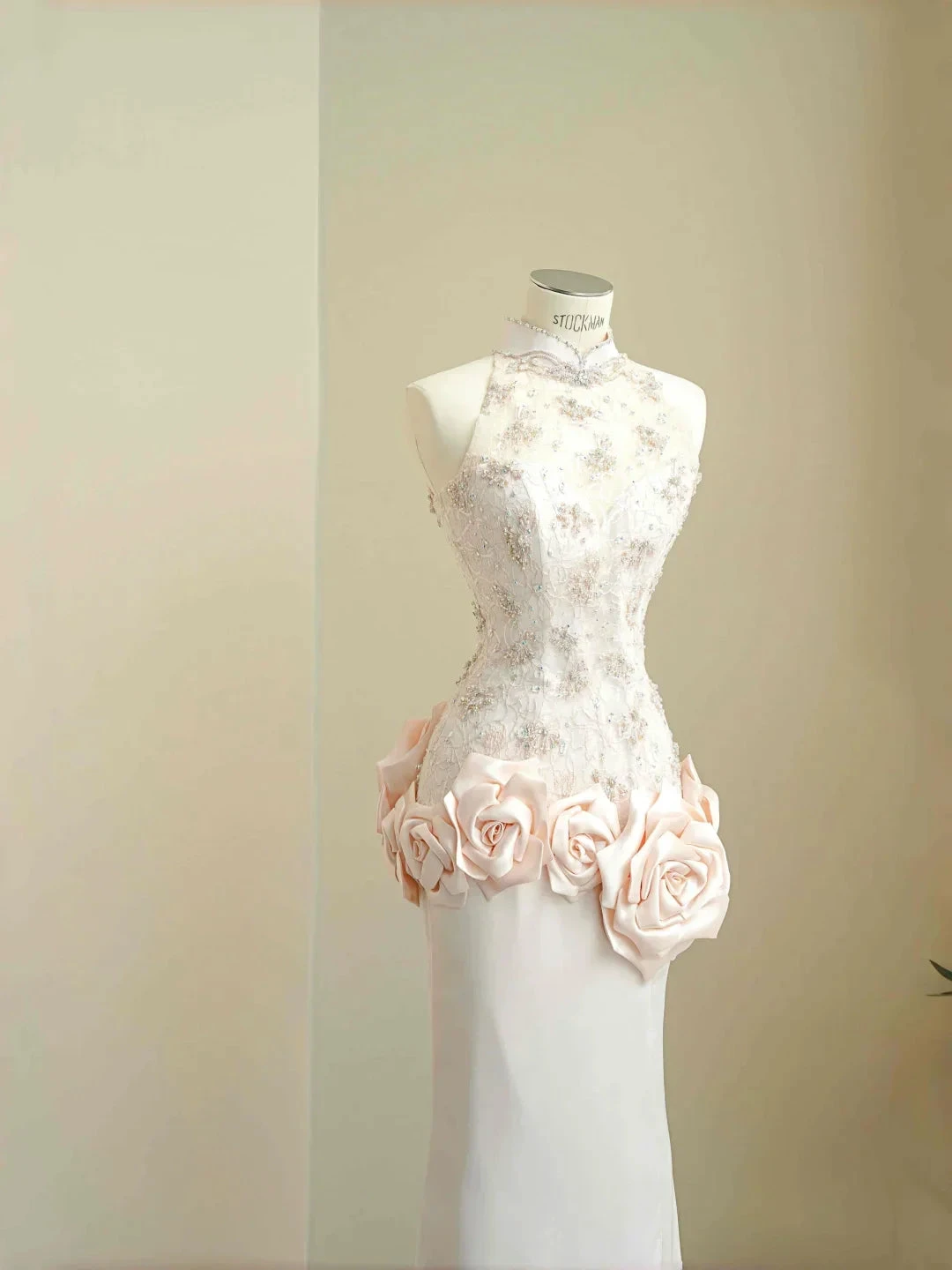 Elegant Light Pink Satin Lace Sequin Beaded Evening Dress Slit Mermaid Prom Dress Y8672 by simplepromdress
