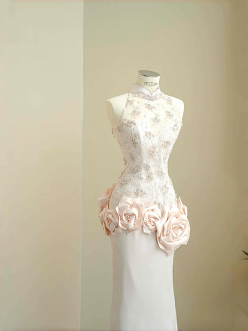 Elegant Light Pink Satin Lace Sequin Beaded Evening Dress Slit Mermaid Prom Dress Y8672