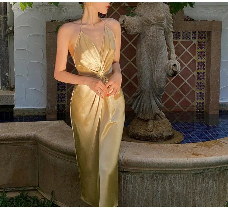 Sexy Halter V Neck Party Dress Champagne Gold Prom Evening Dress Y8211 by simplepromdress
