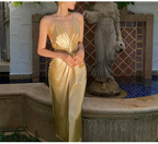 Sexy Halter V Neck Party Dress Champagne Gold Prom Evening Dress Y8211 by simplepromdress