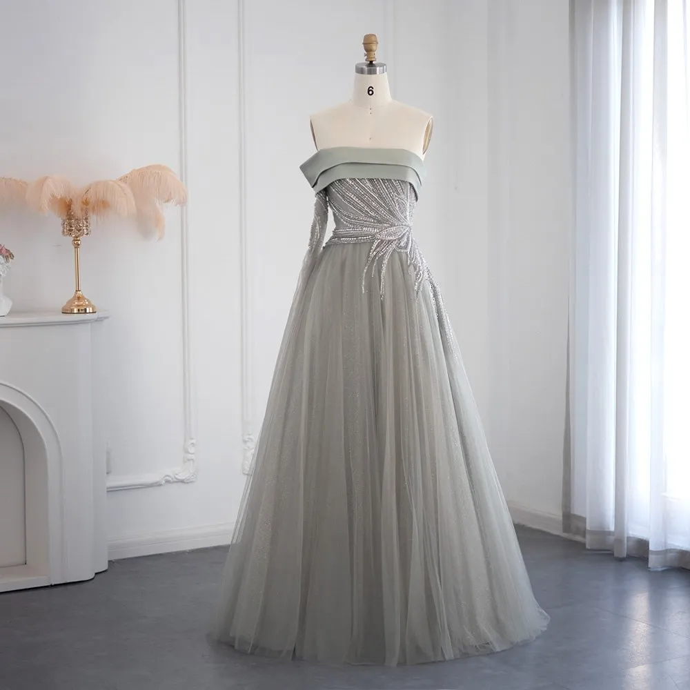Designer A-Linie Off-the-Shoulder Langarm Pailletten Ballkleid