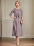A-line Scoop Tea-Length Chiffon Mother of the Bride Dress With Pleated by Dreamylily