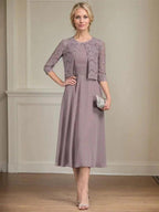A-line Scoop Tea-Length Chiffon Mother of the Bride Dress With Pleated by Dreamylily