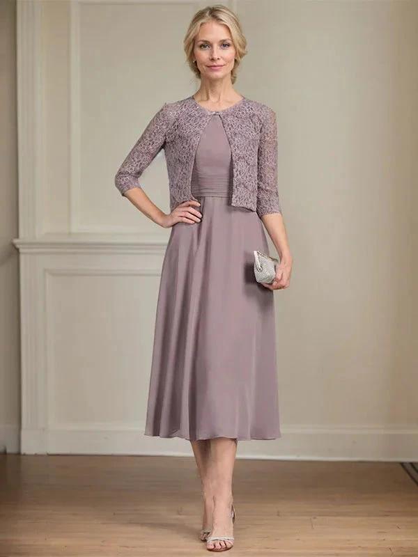 A-line Scoop Tea-Length Chiffon Mother of the Bride Dress With Pleated by Dreamylily