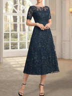 A-line Scoop Illusion Tea-Length Lace Mother of the Bride Dress With Sequins by Dreamylily