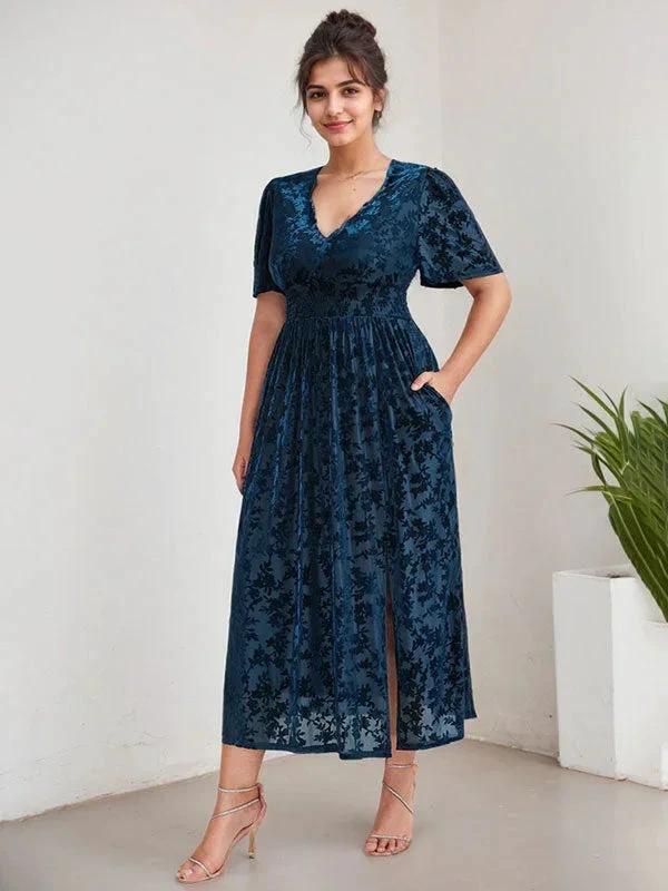 Plus Size A-Line V-Neck Velvet Tea-Length Mother of the Bride Dress by Dreamylily