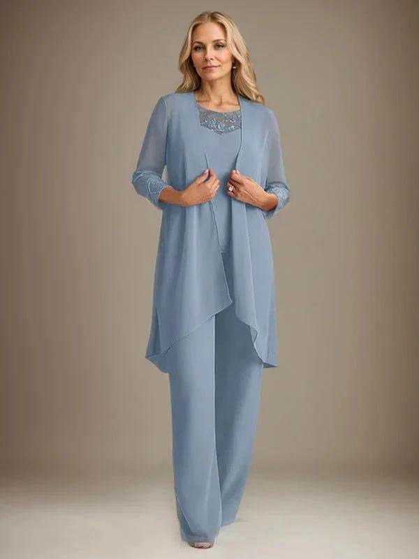 Chiffon Scoop Long Sleeves Mother Of The Bride Pantsuits With Jacket by Dreamylily