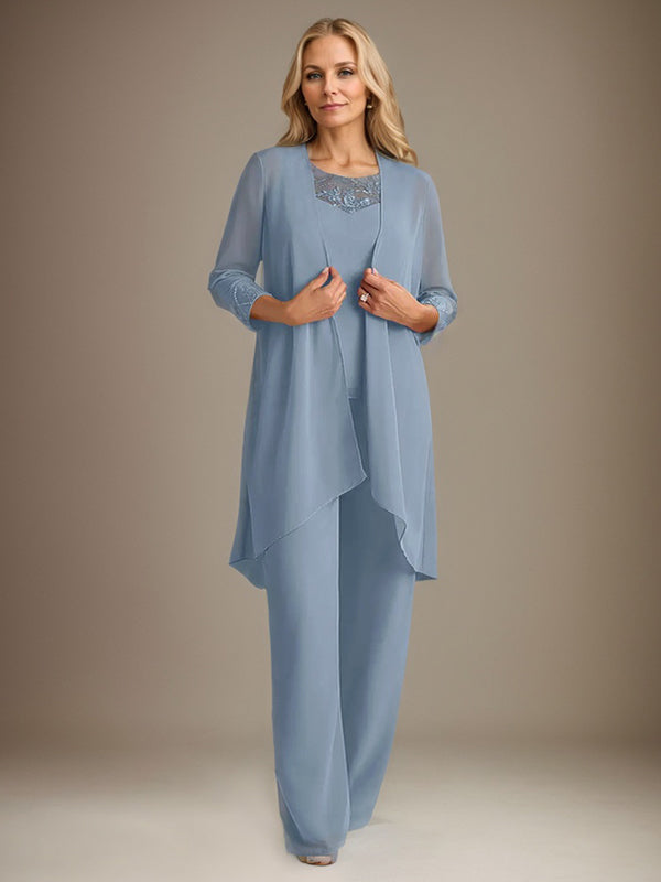 Chiffon Scoop Long Sleeves Mother Of The Bride Pantsuits With Jacket Hover Image