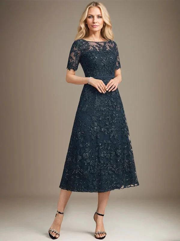 A-line Scoop Illusion Tea-Length Lace Mother of the Bride Dress With Sequins by Dreamylily