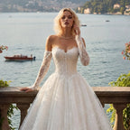White Floral Lace Ball Gown Wedding Dress with Sweetheart Neckline and Detachable Long Sleeves SW677