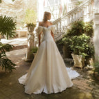 Romantic White Satin Off-the-Shoulder Puff Sleeve Ball Gown Wedding Dress SW192