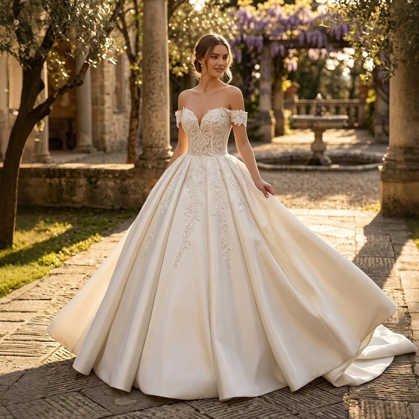 Luxury White Off-the-Shoulder Lace Satin Ball Gown Wedding Dress SW701